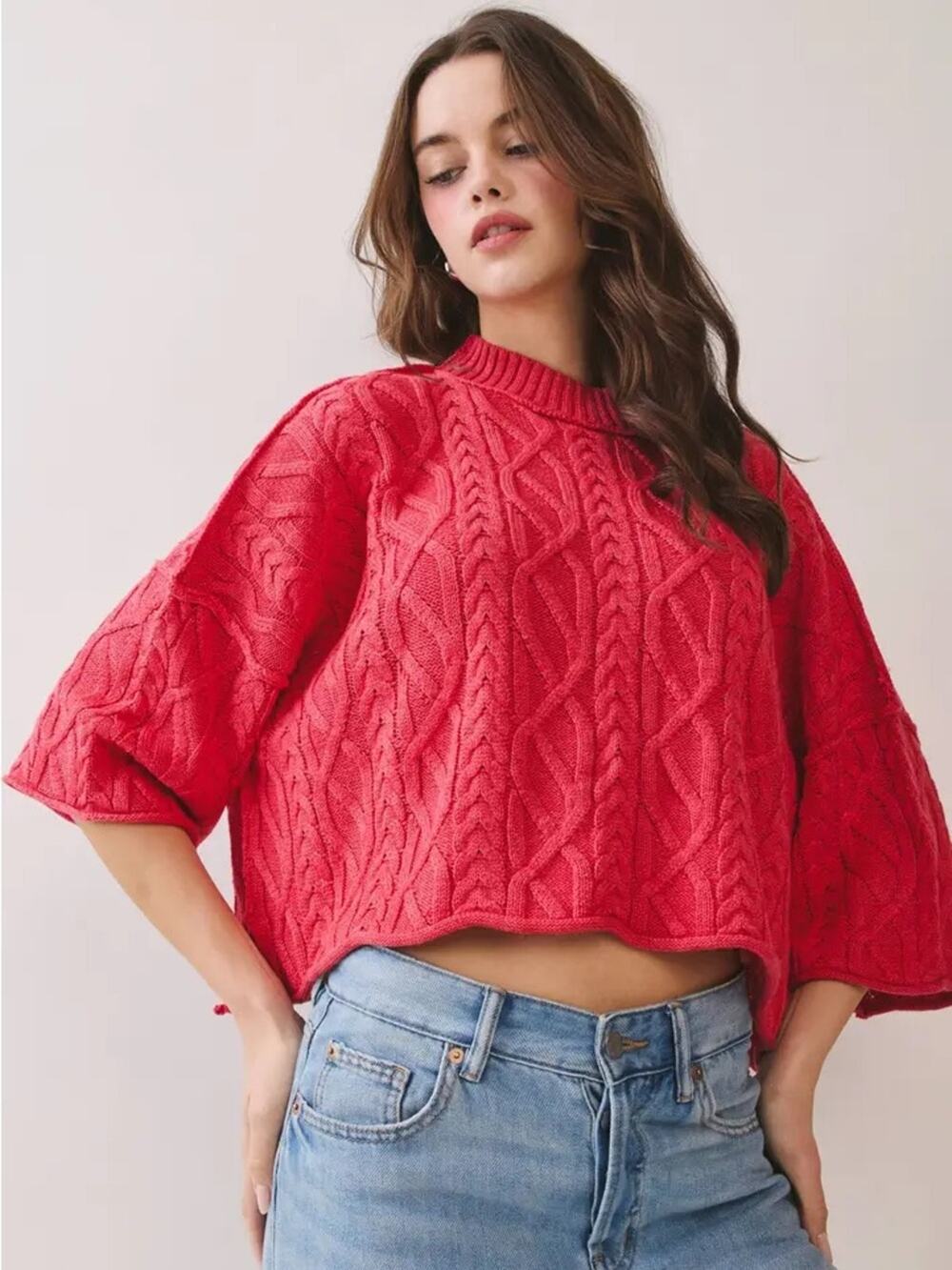 Vici Red Cable Knit Short Sleeve Boxy Crewneck Cropped Sweater Pink Red Small